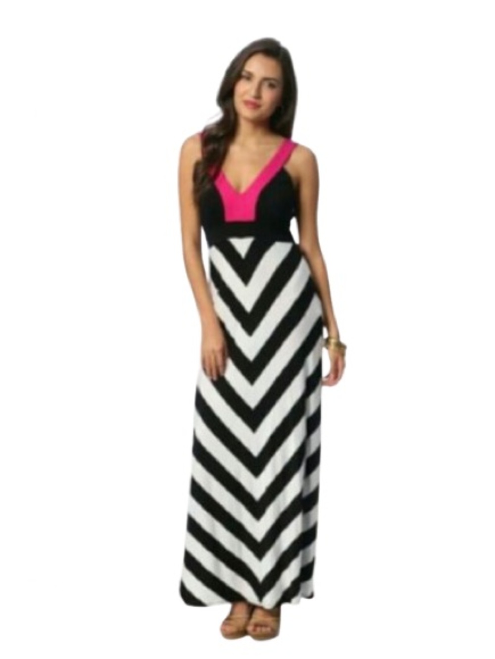 Karen by Karen Kane Black & White Chevron Maxi Dress with Pink Accent
